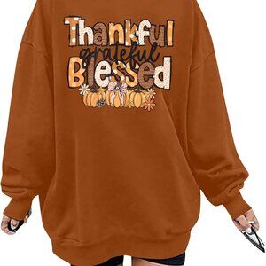 XXL Thanksgiving Sweatshirt for Women - Grateful Pumpkin Pullover in Orange